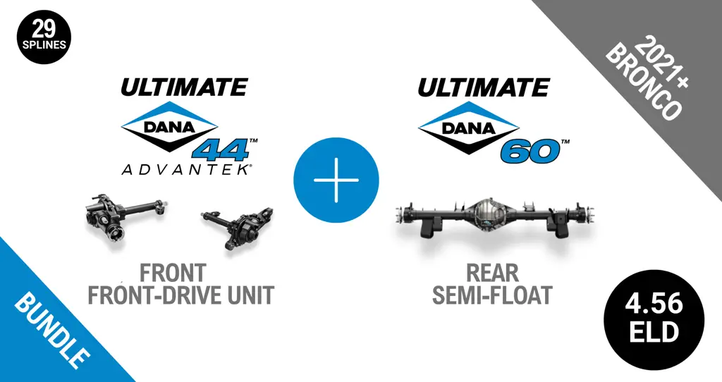 Bronco 4.56 Gear Ratio Bundle: Ultimate Dana 44™ AdvanTEK® Front Drive Unit ELD - 29 Spline (UD44FBRO456ELD29) + Semi-Float Ultimate Dana 60™ Rear ELD (SF-L60BR456E-69) - NON-RETURNABLE