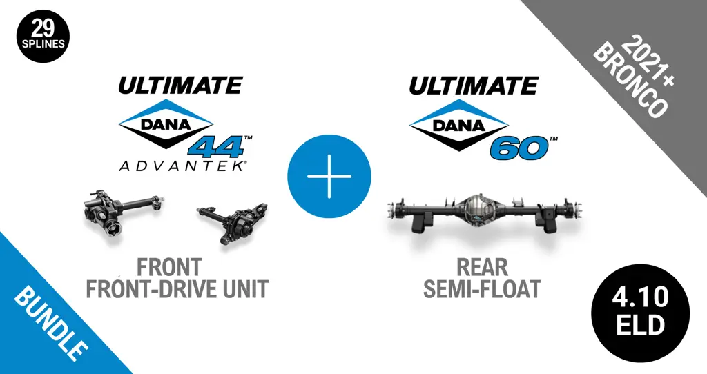 Bronco 4.10 Gear Ratio Bundle: Ultimate Dana 44™ AdvanTEK® Front Drive Unit ELD - 29 Spline (UD44FBRO410ELD29) + Semi-Float Ultimate Dana 60™ Rear ELD (SF-L60BR410E-69) - NON-RETURNABLE
